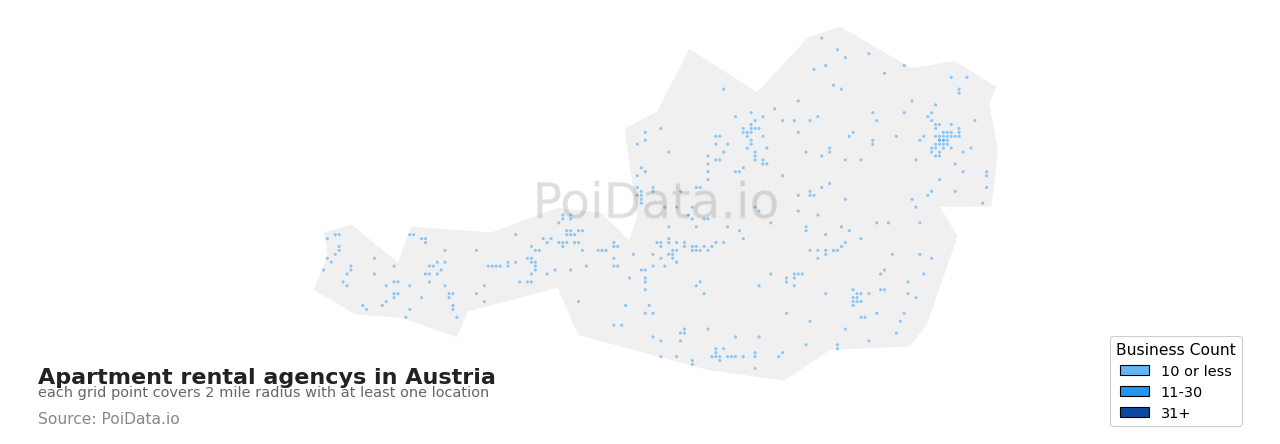 Apartment rental agency density map for Austria