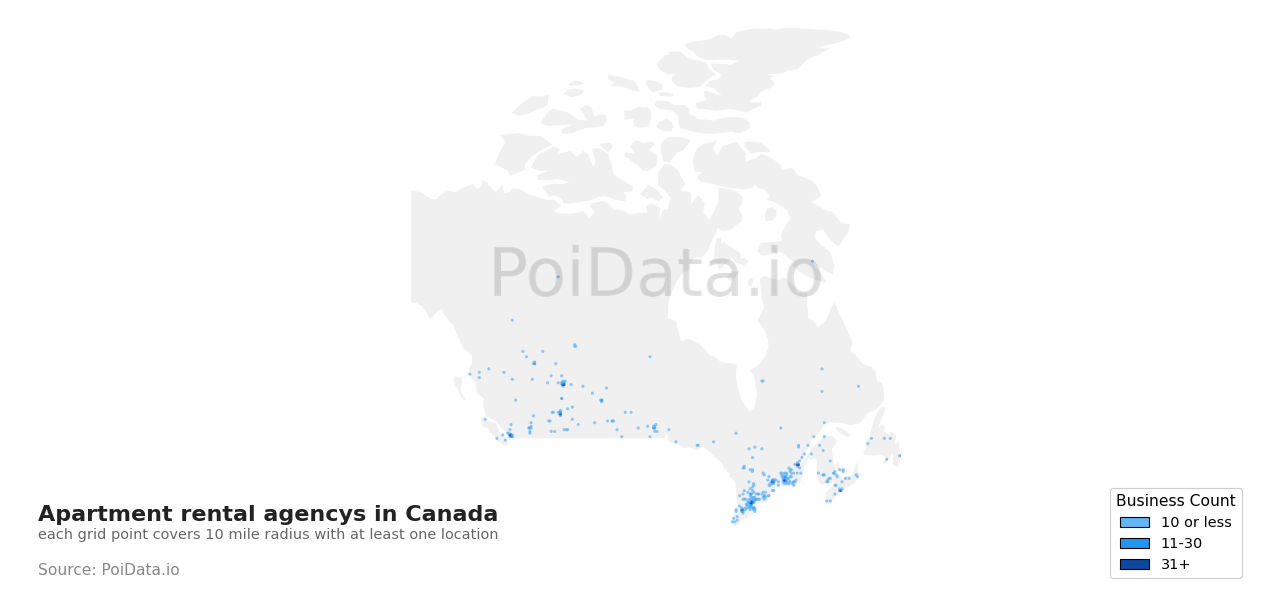Apartment rental agency density map for Canada