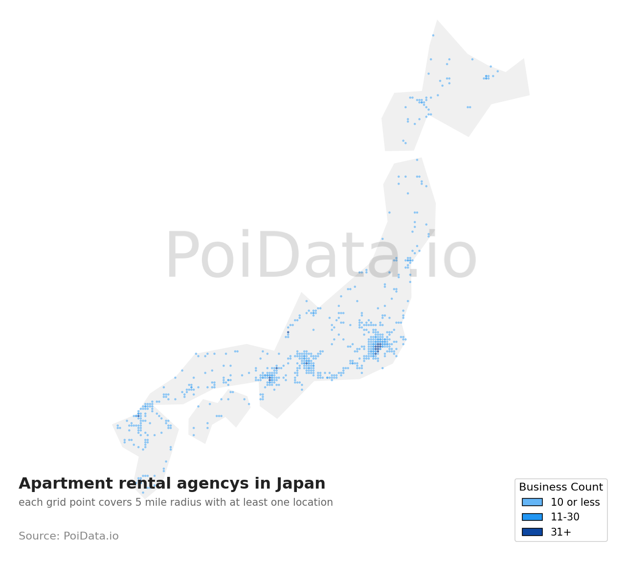 Apartment rental agency density map for Japan