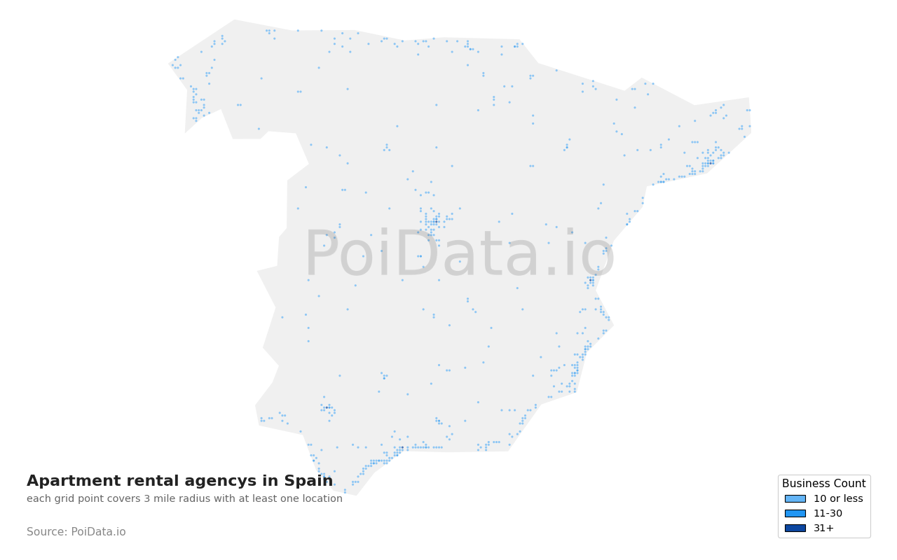 Apartment rental agency density map for Spain