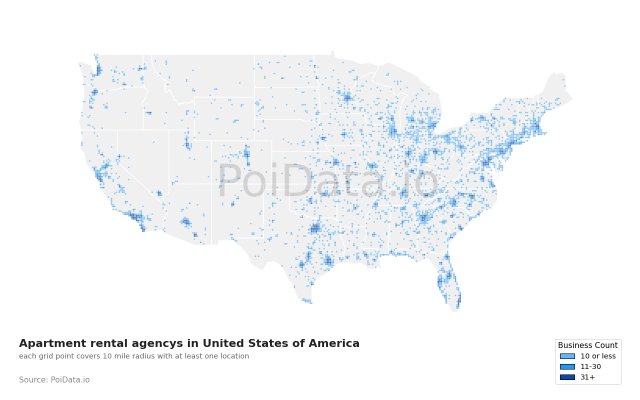 Apartment rental agency density map for United States