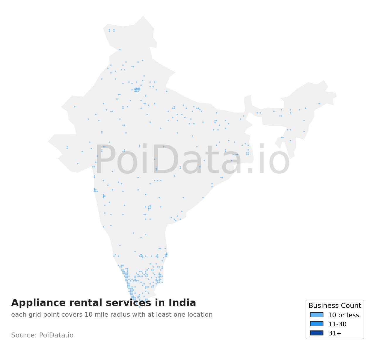 Appliance rental service density map for India