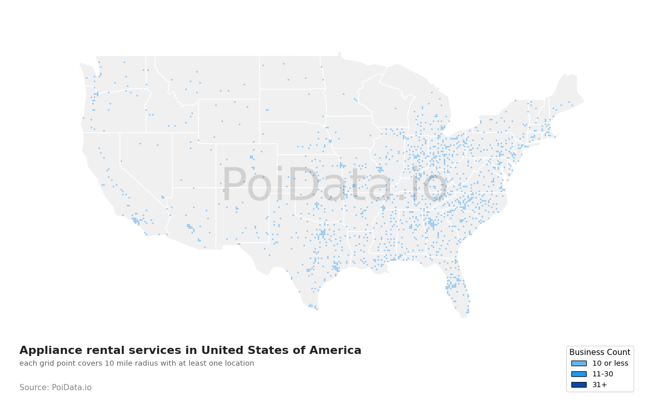 Appliance rental service density map for United States
