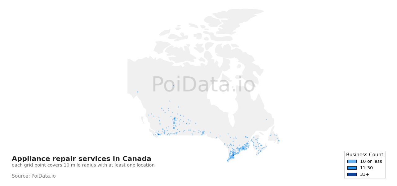 Appliance repair service density map for Saskatchewan, Canada