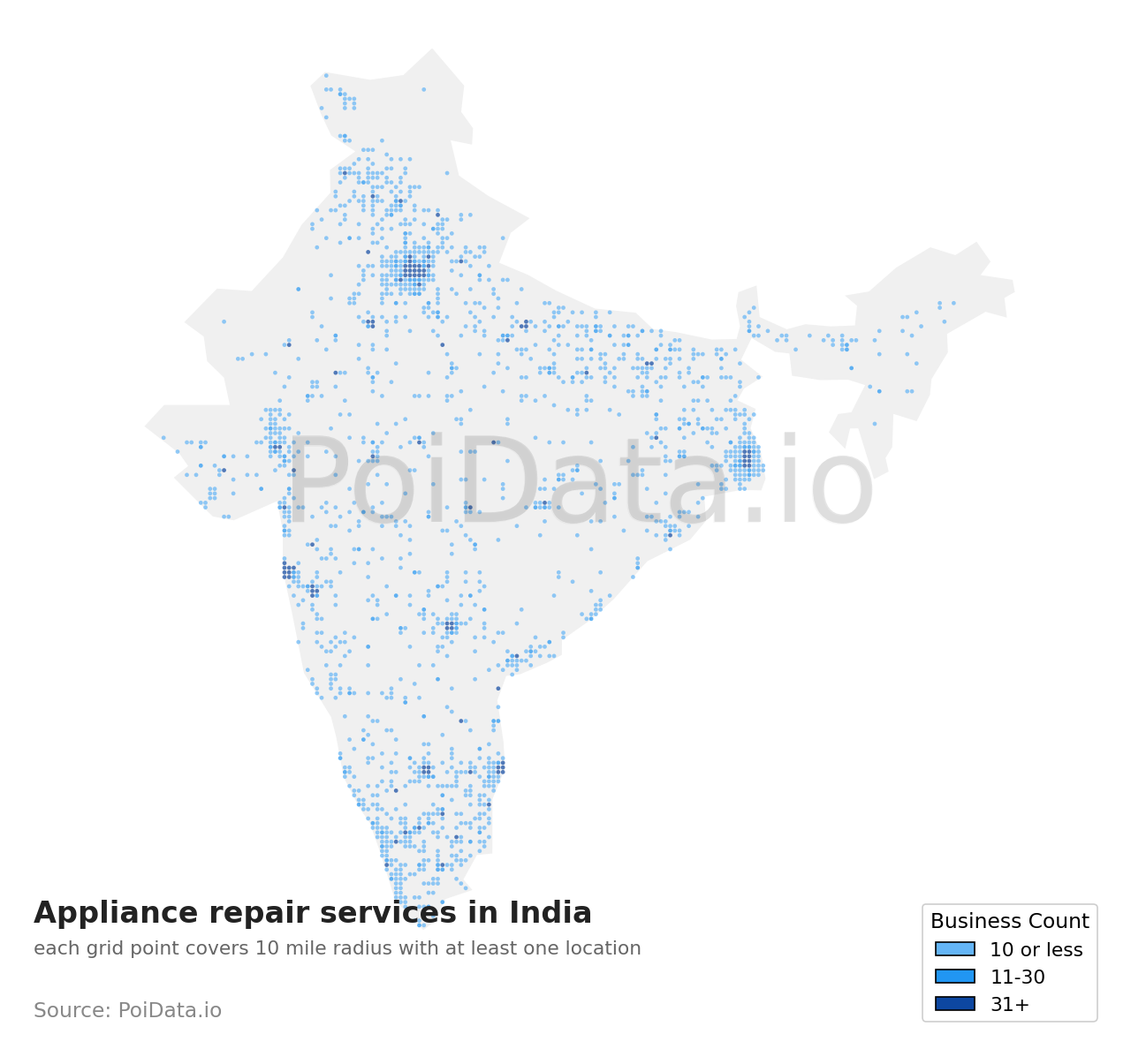 Appliance repair service density map for India