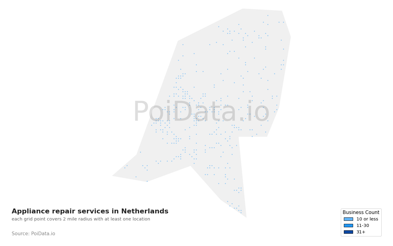 Appliance repair service density map for Netherlands