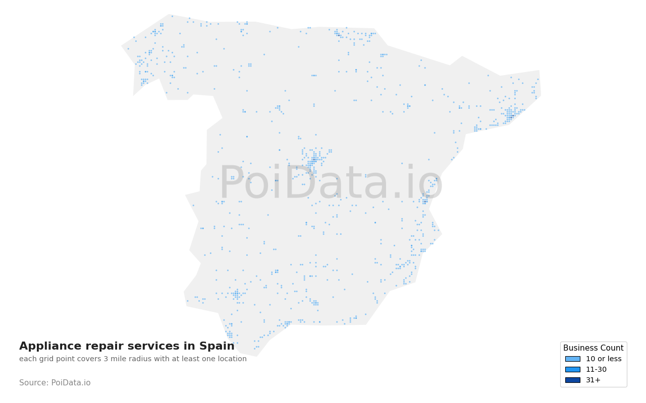 Appliance repair service density map for Spain