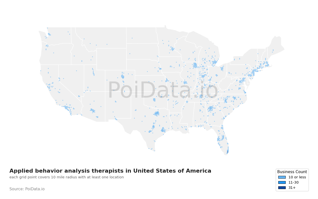 Applied behavior analysis therapist density map for Florida, United States