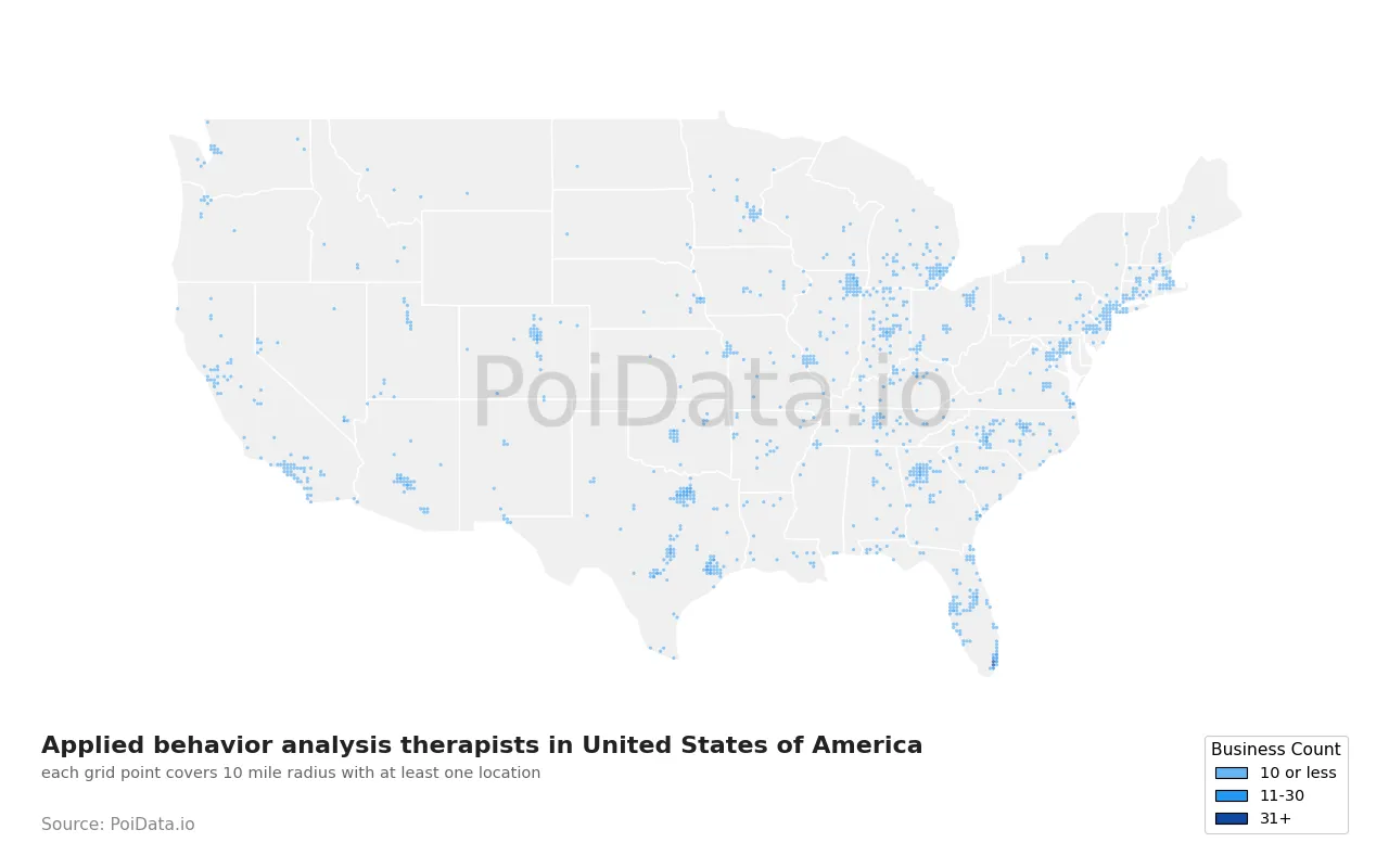 Applied behavior analysis therapist density map for United States