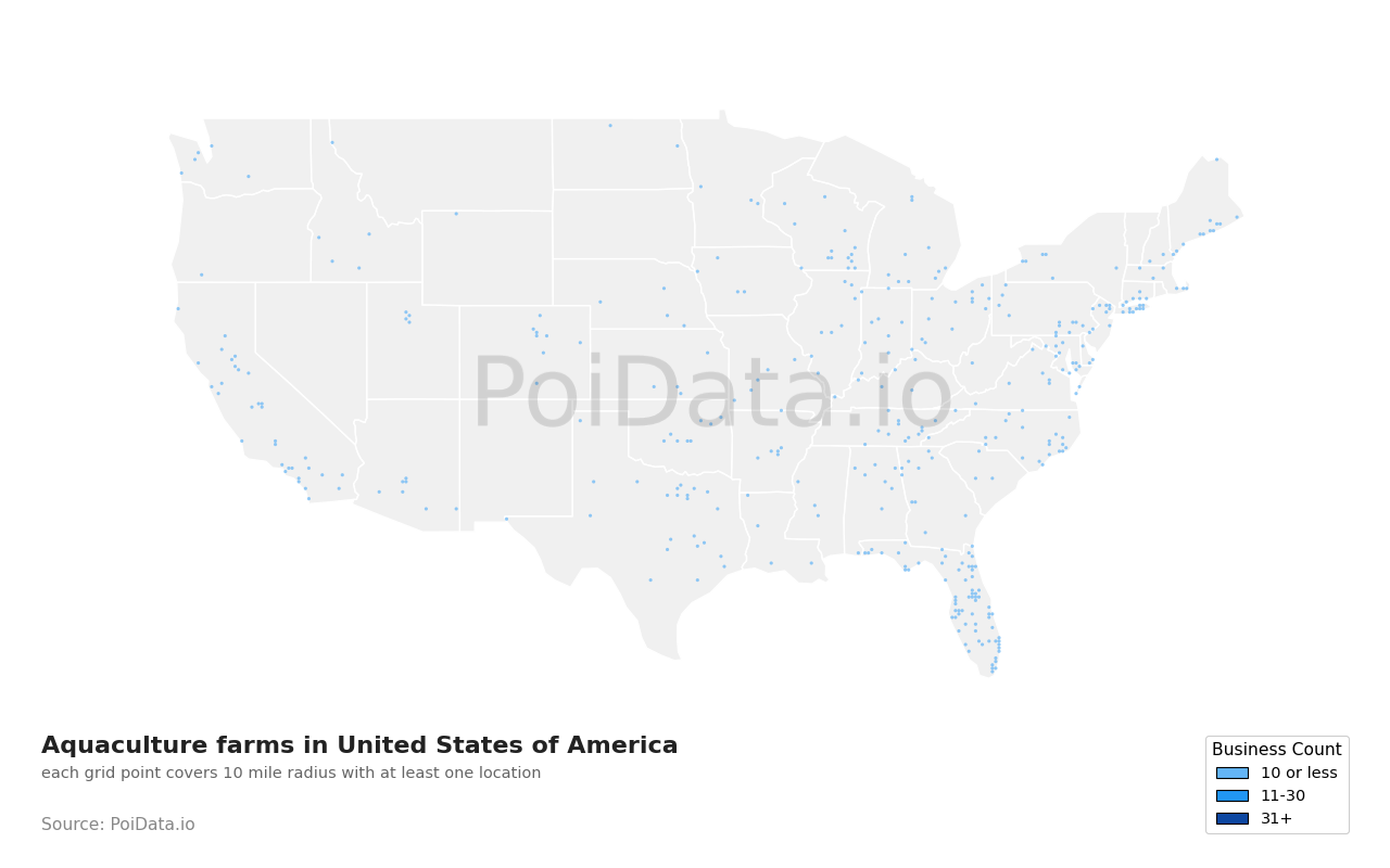 Aquaculture farm density map for United States