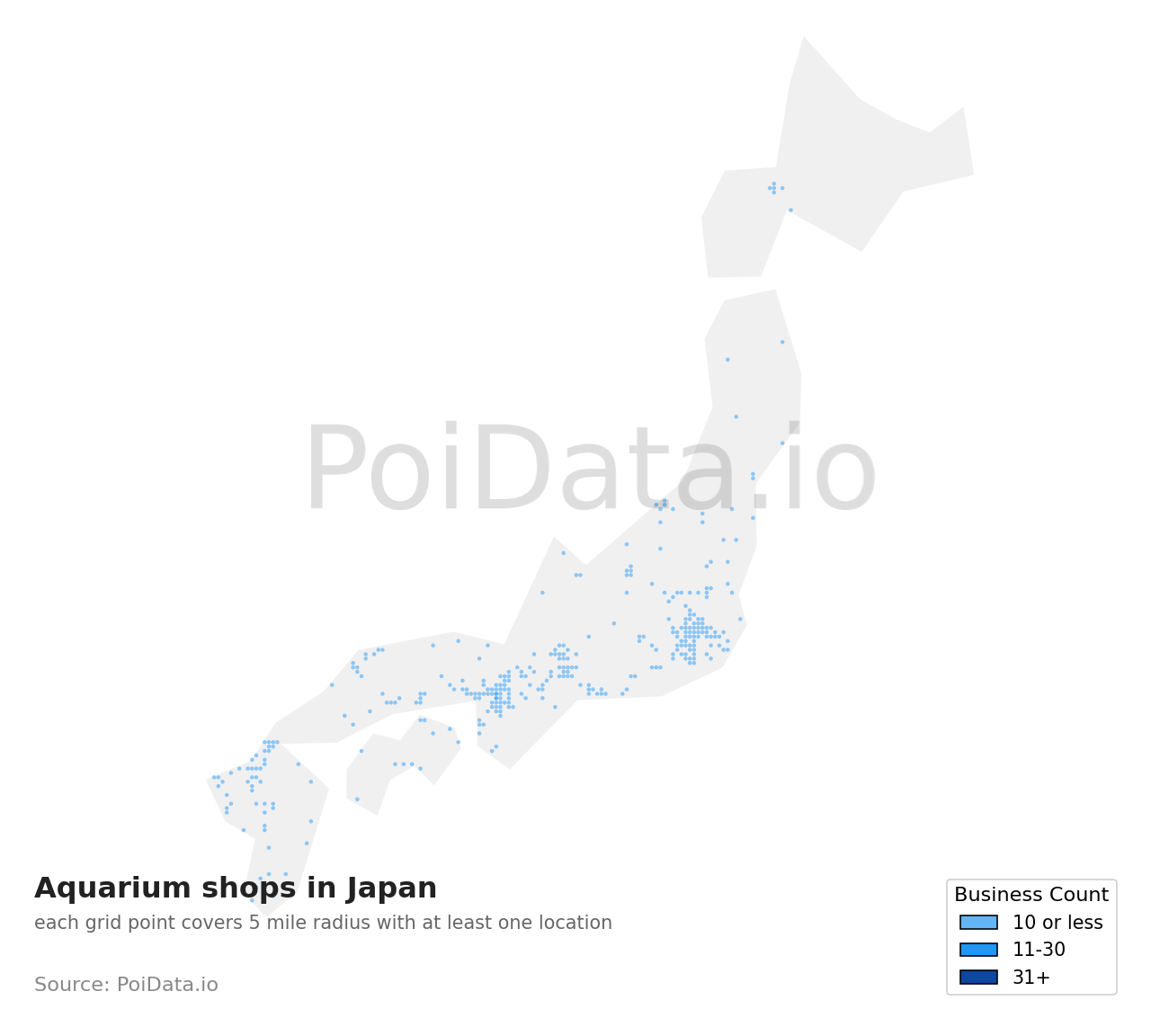 Aquarium shop density map for Japan