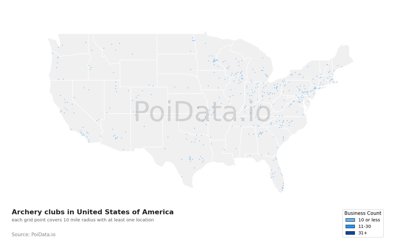 Archery club density map for Texas, United States