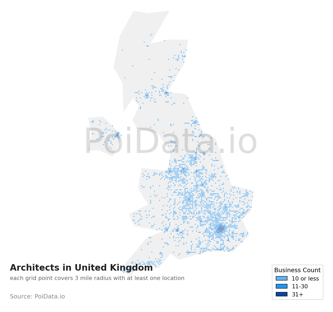 Architect density map for United Kingdom
