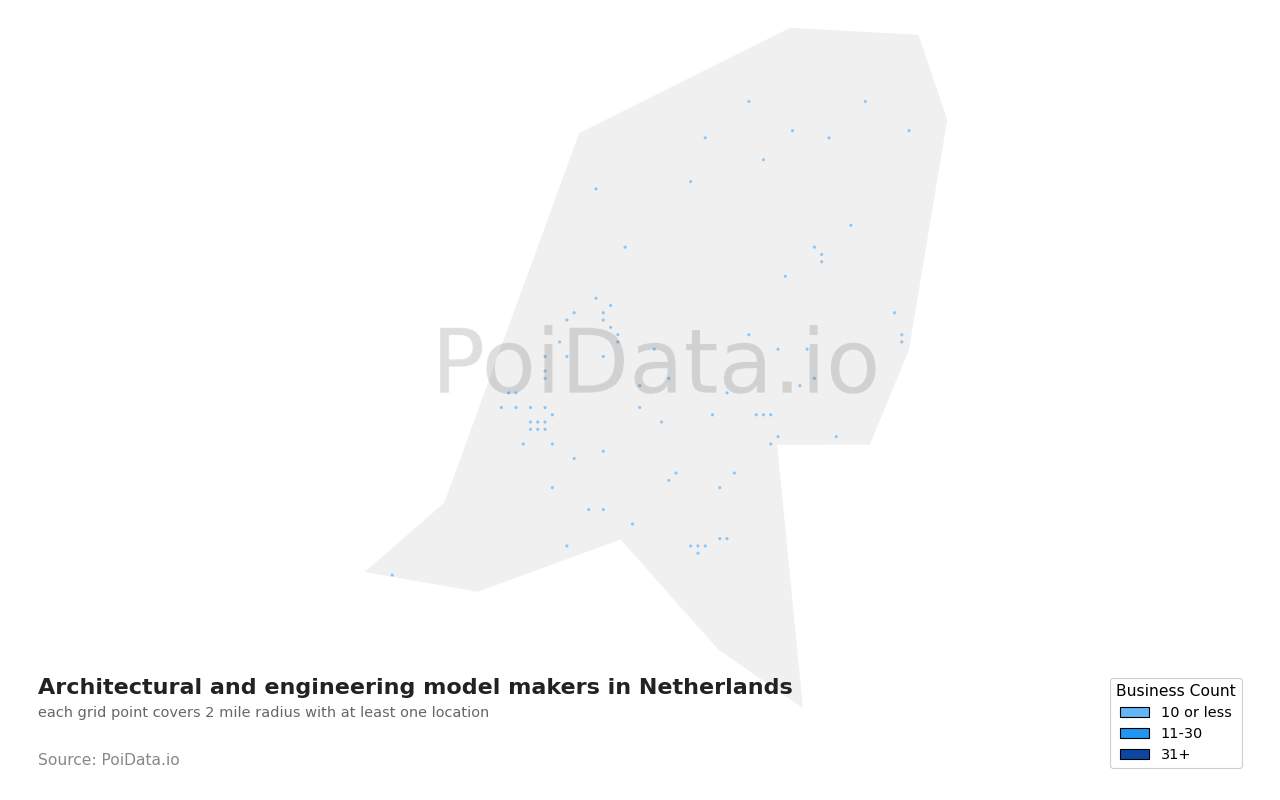 Architectural and engineering model maker density map for Netherlands