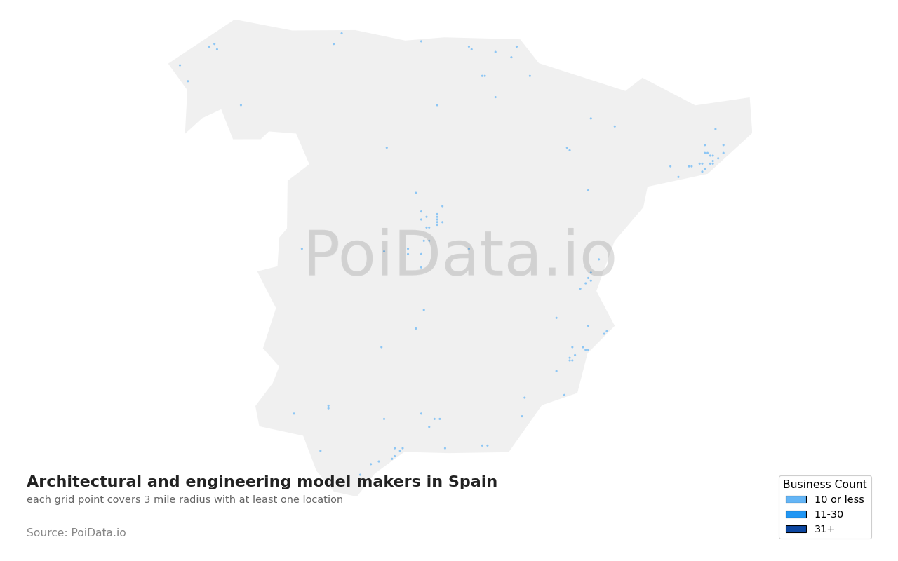 Architectural and engineering model maker density map for Spain