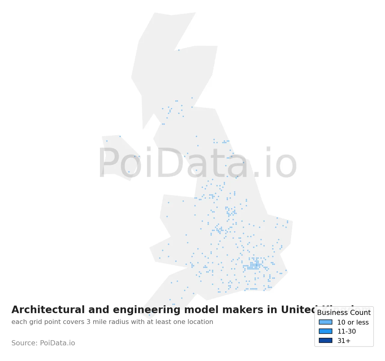 Architectural and engineering model maker density map for United Kingdom