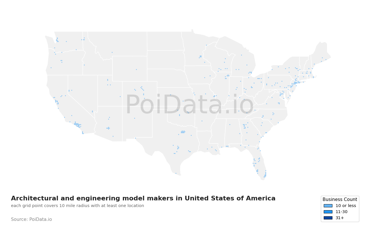 Architectural and engineering model maker density map for United States