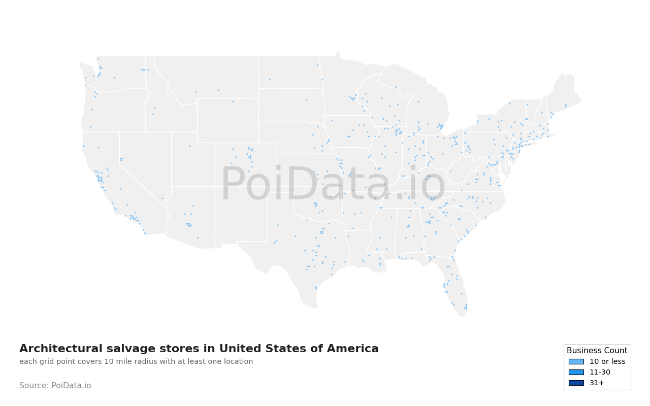 Architectural salvage store density map for Louisiana, United States