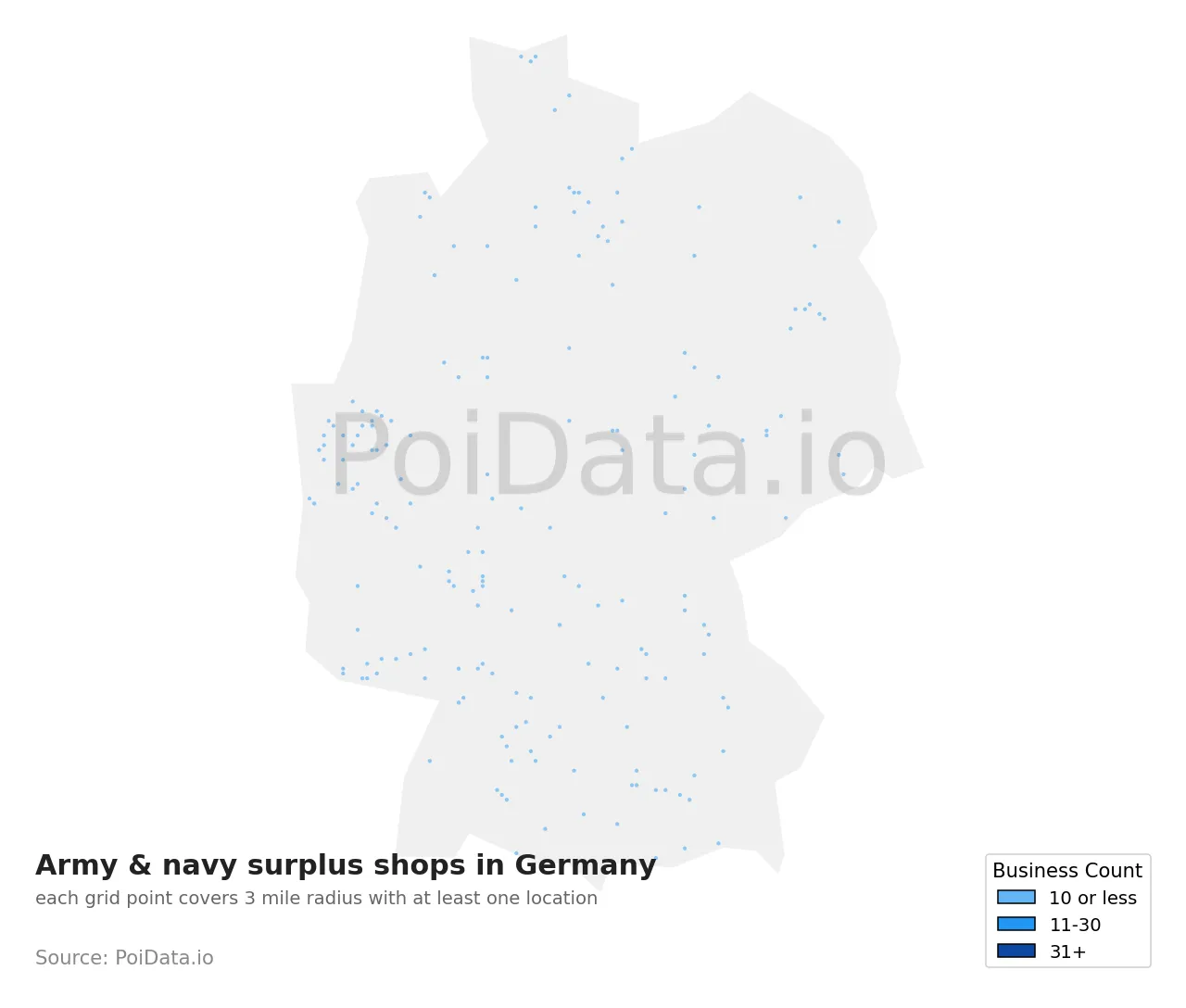 Army & navy surplus shop density map for Germany