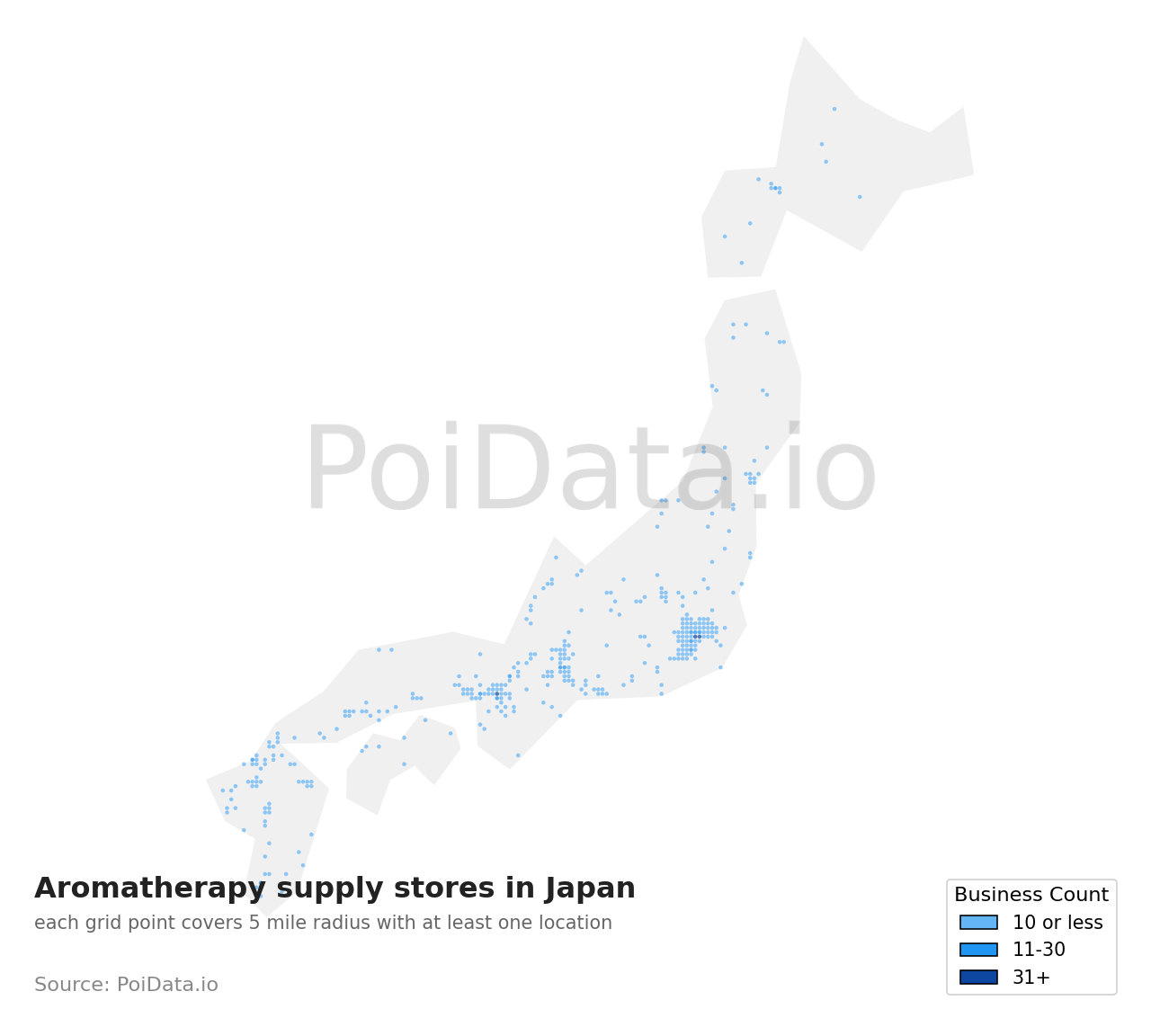 Aromatherapy supply store density map for Saga, Japan
