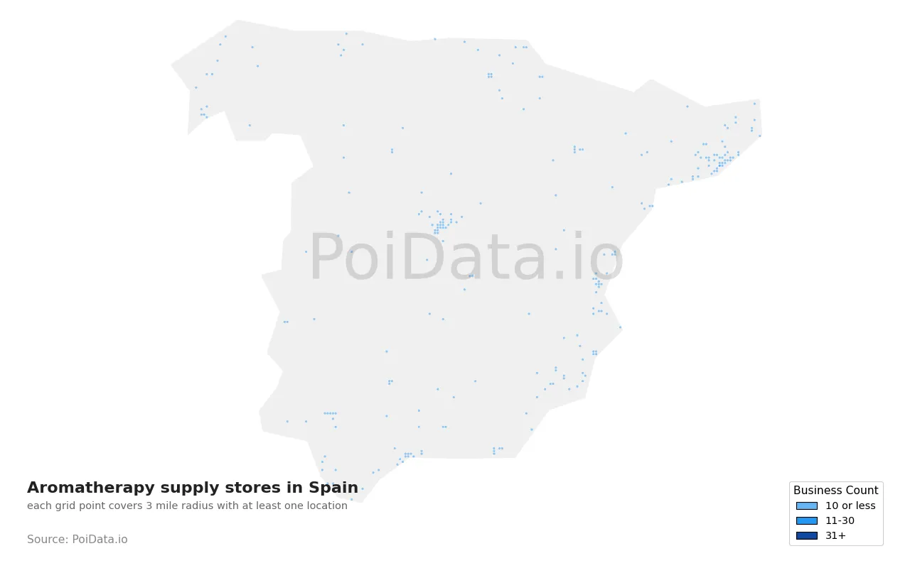 Aromatherapy supply store density map for Spain