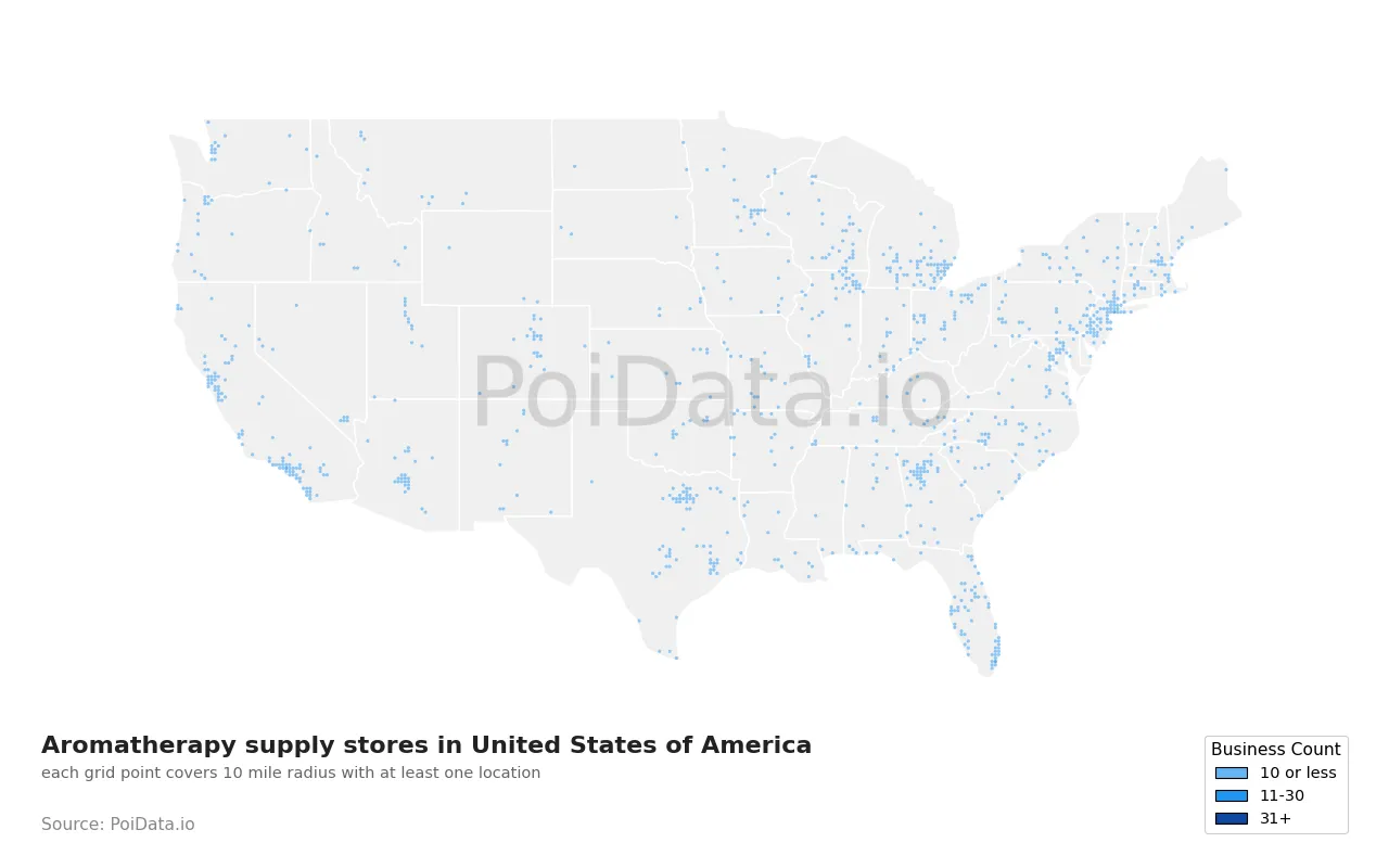 Aromatherapy supply store density map for United States