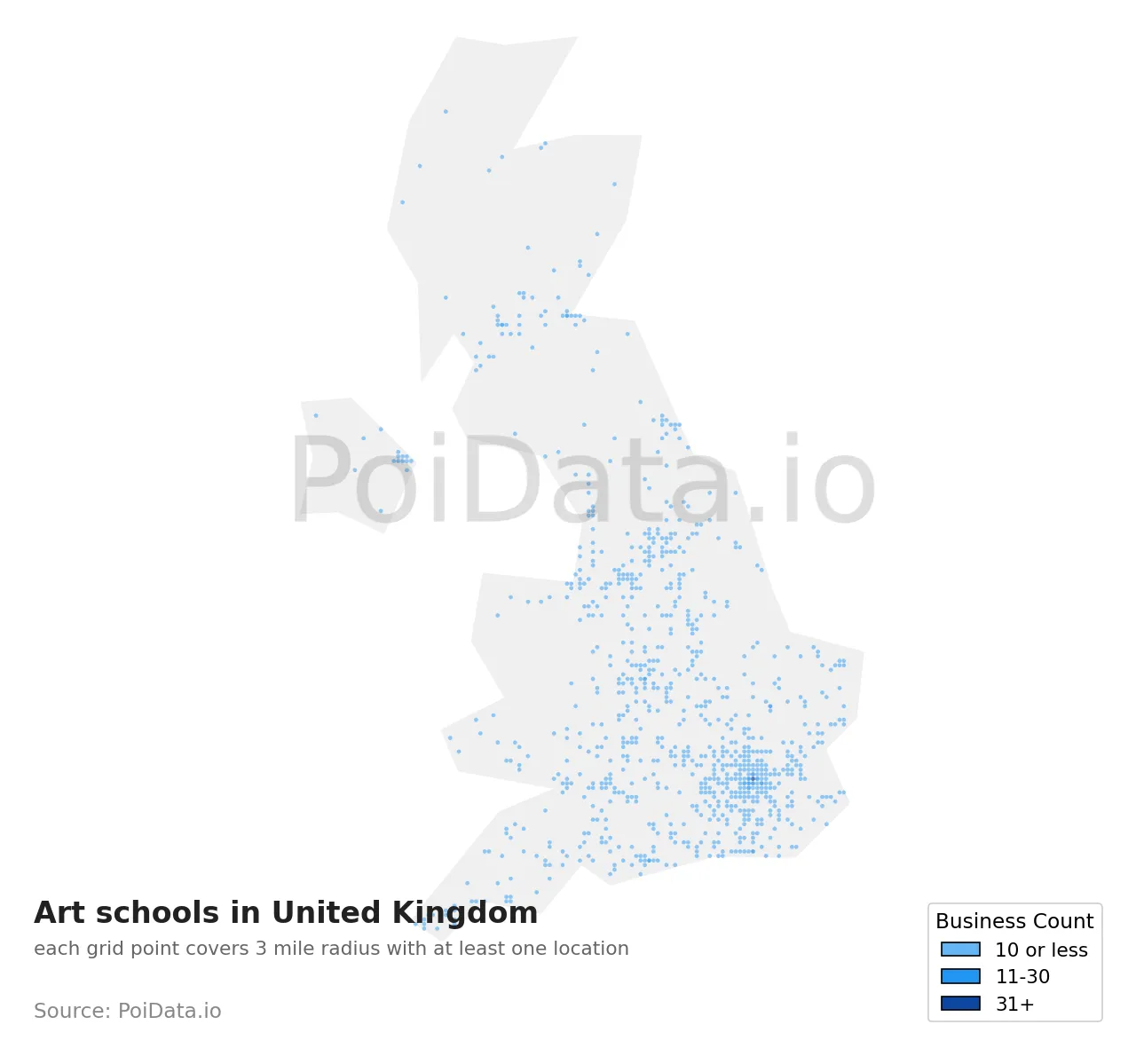Art school density map for United Kingdom