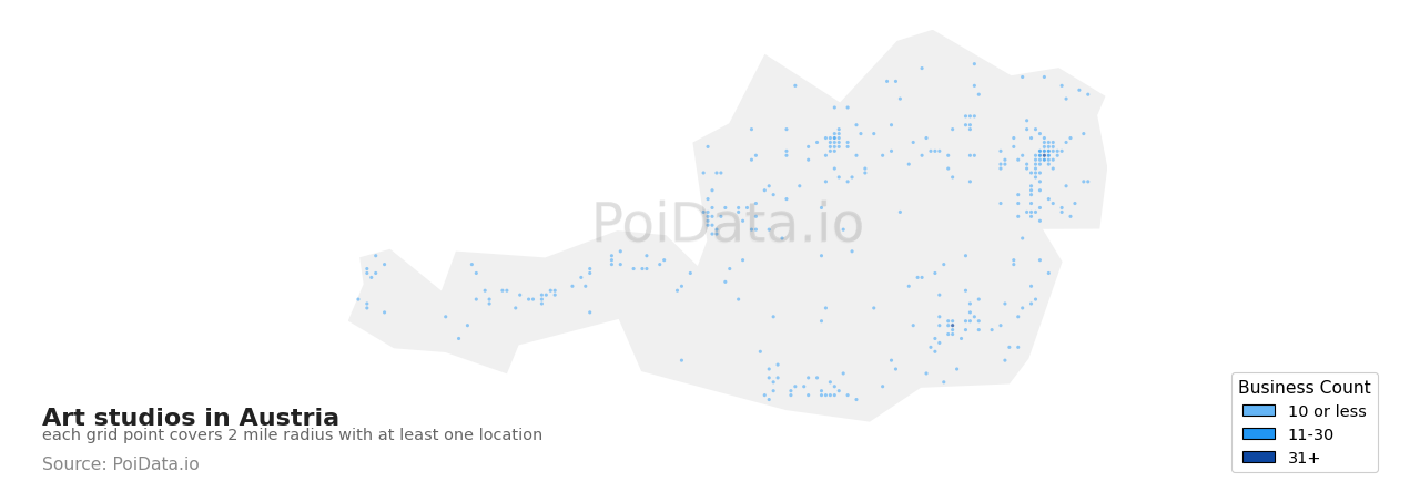 Art studio density map for Austria