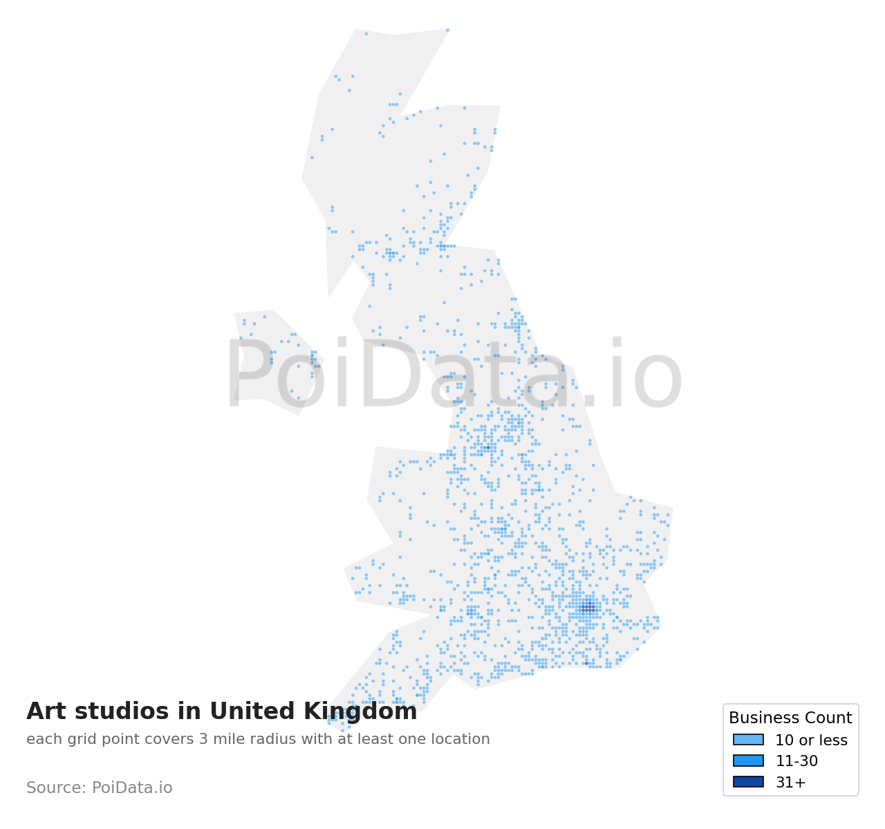 Art studio density map for United Kingdom