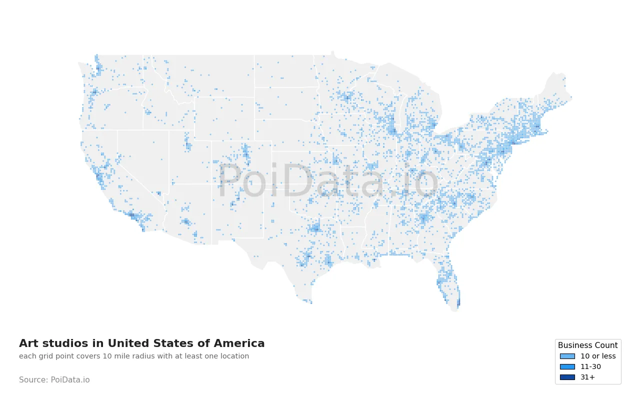 Art studio density map for United States