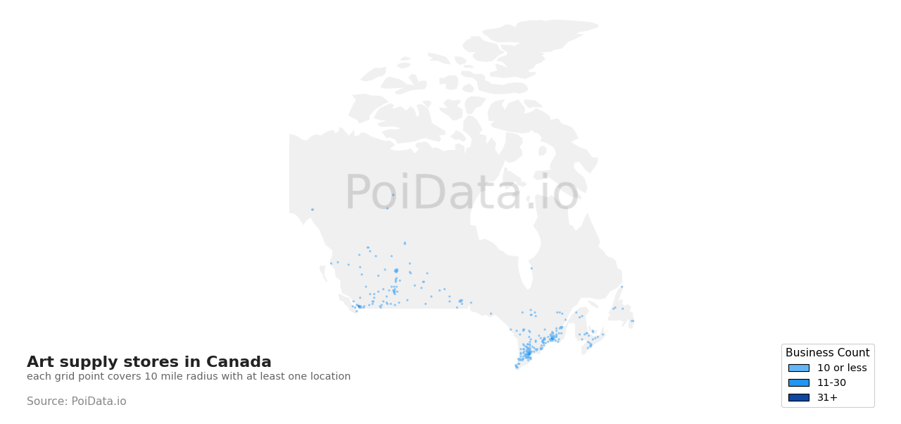 Art supply store density map for Canada