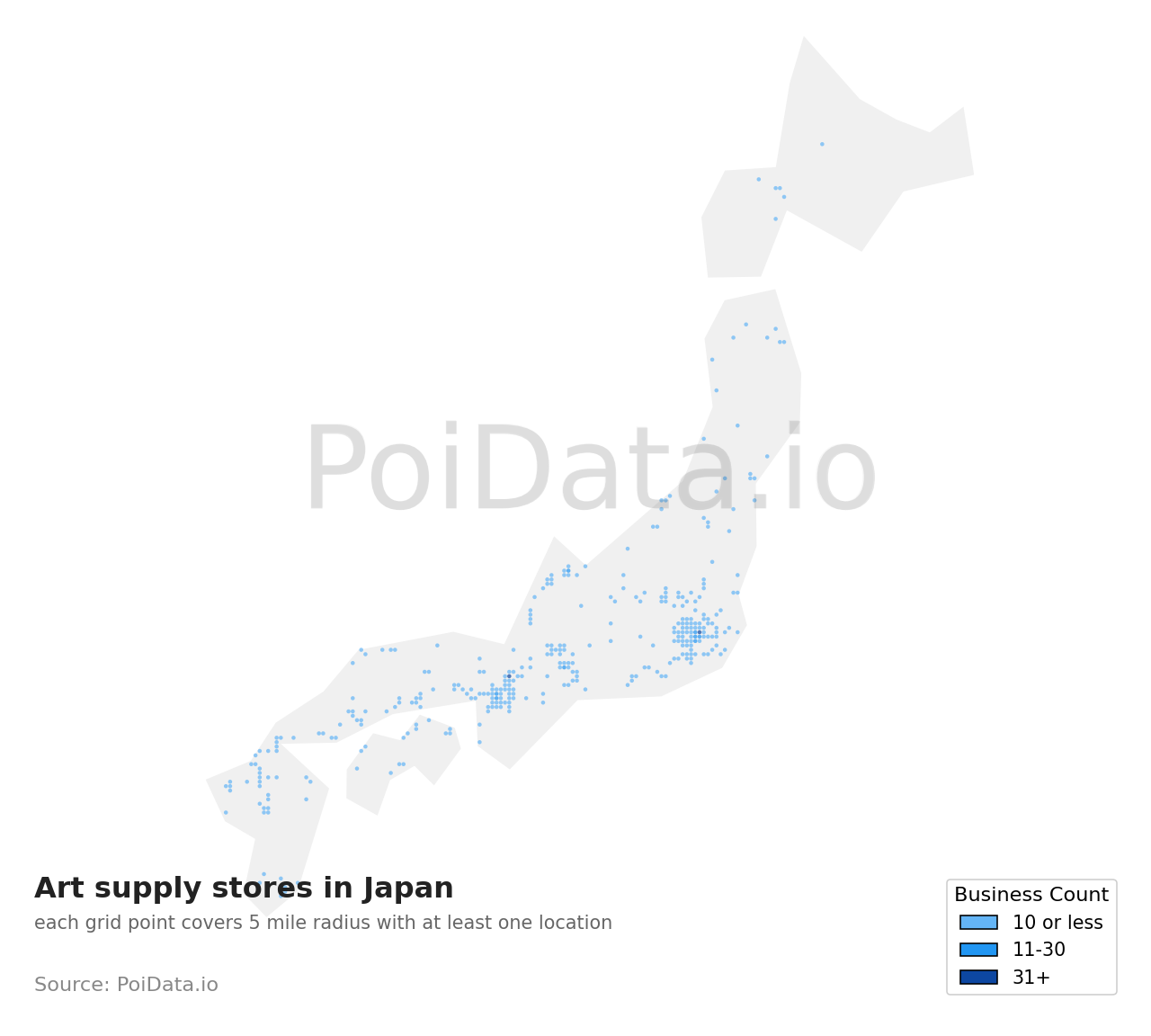 Art supply store density map for Japan