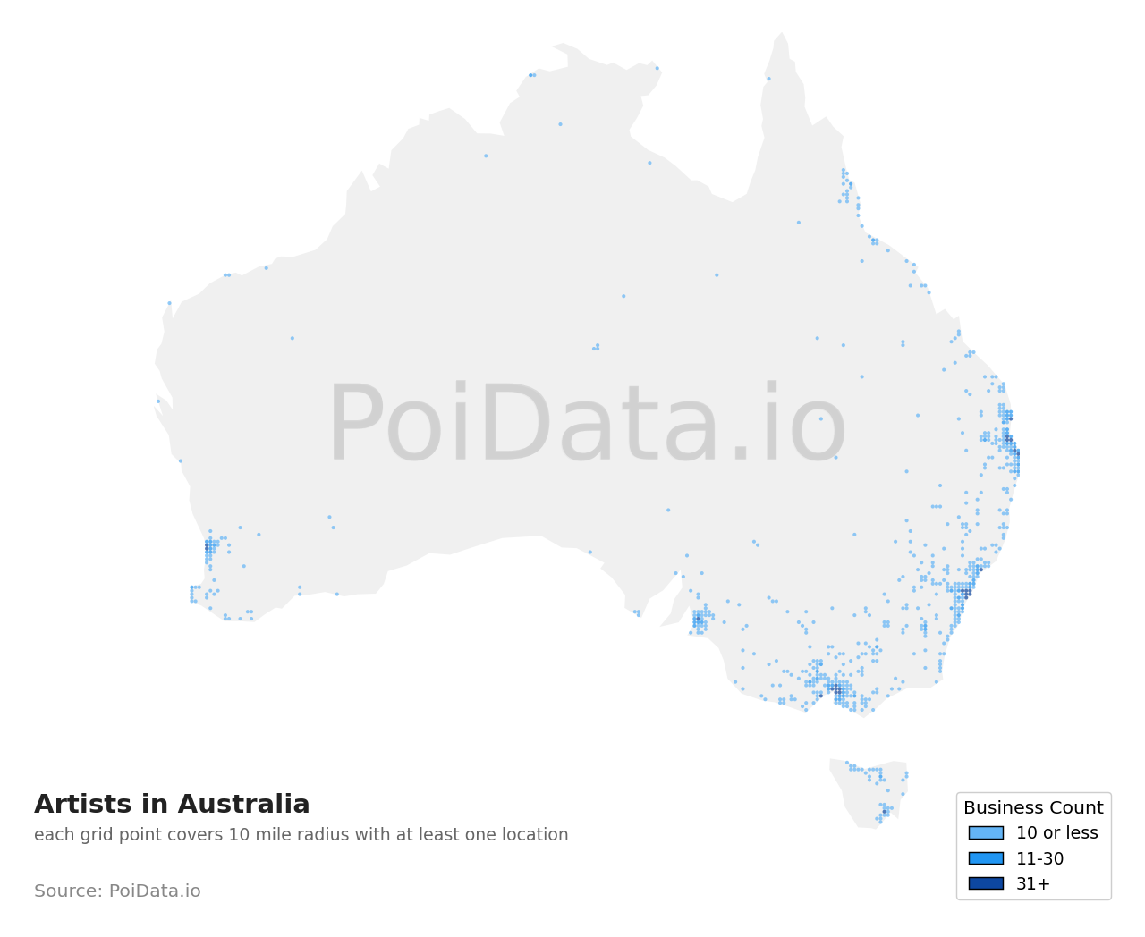 Artist density map for Tasmania, Australia