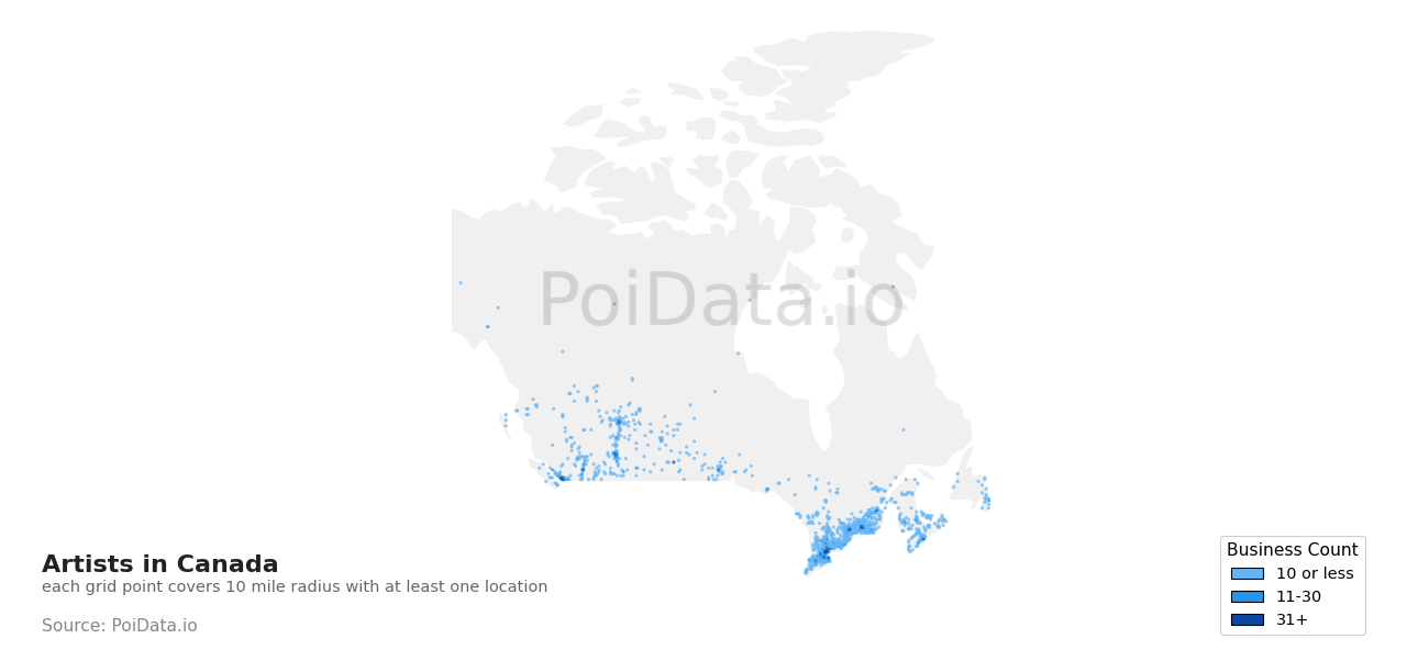 Artist density map for Alberta, Canada