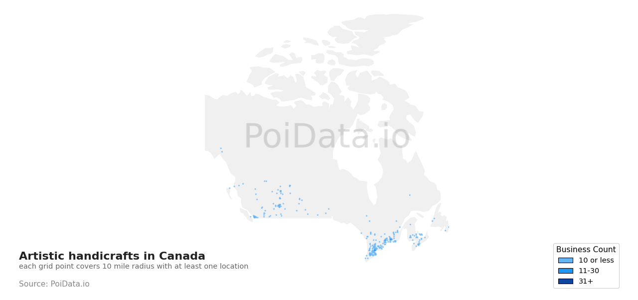 Artistic handicrafts density map for Canada