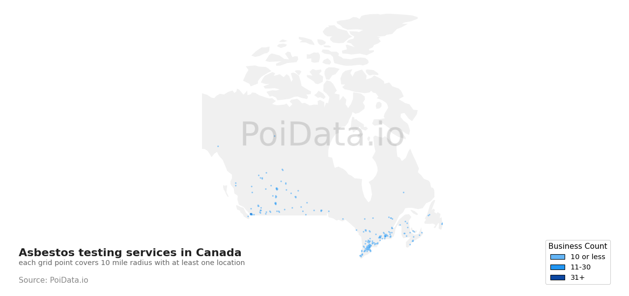 Asbestos testing service density map for Canada