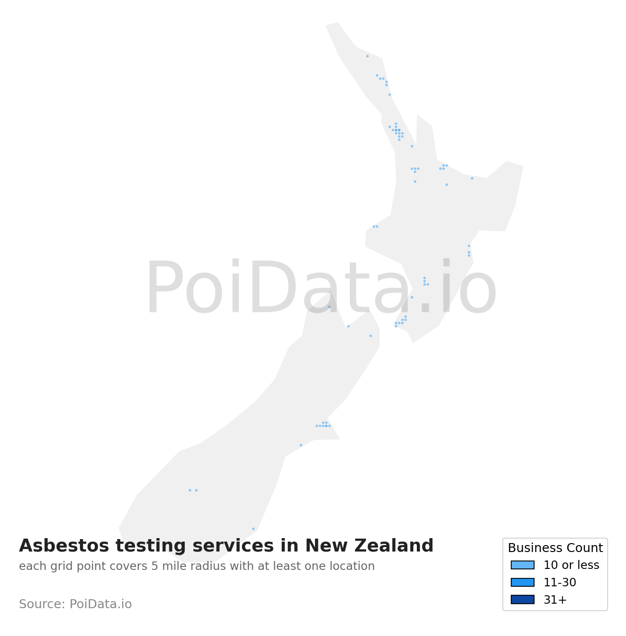 Asbestos testing service density map for New Zealand