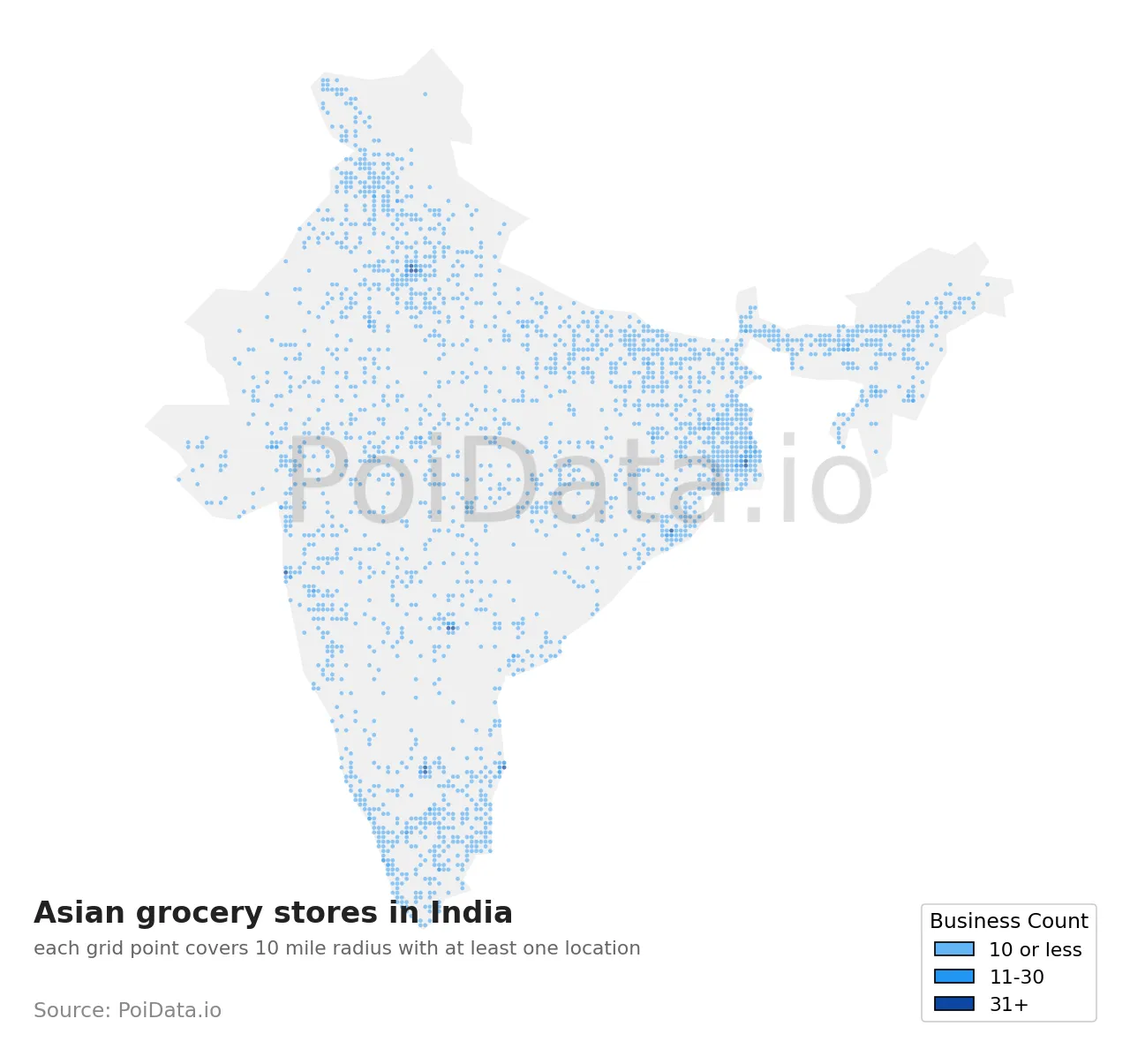 Asian grocery store density map for India