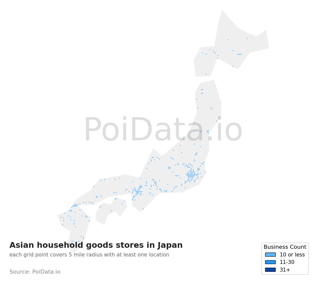 Asian household goods store density map for Japan
