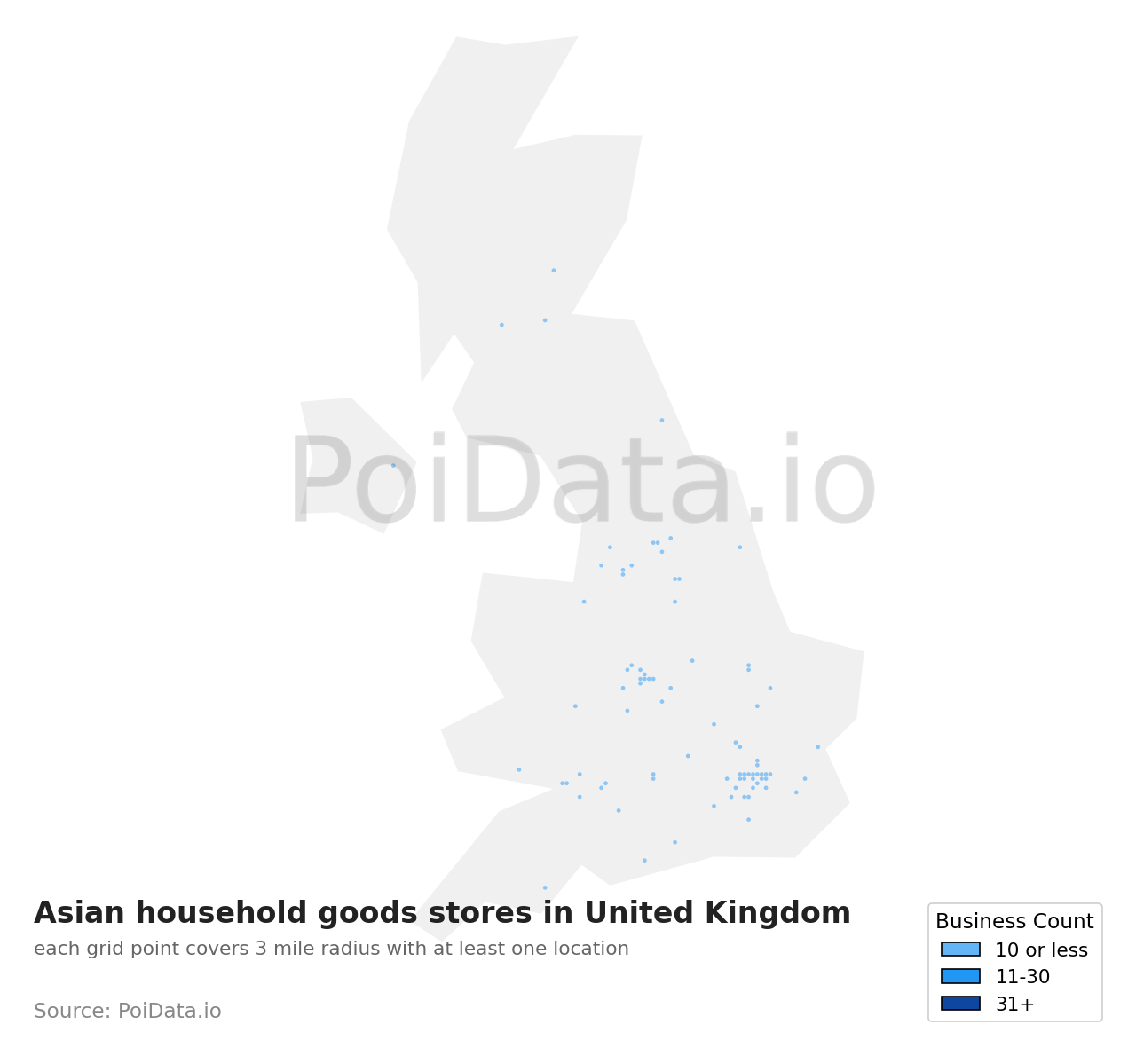 Asian household goods store density map for United Kingdom