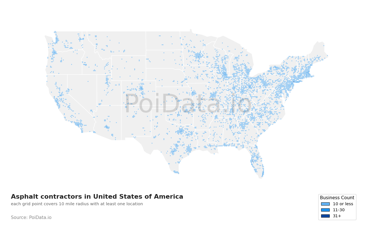 Asphalt contractor density map for United States