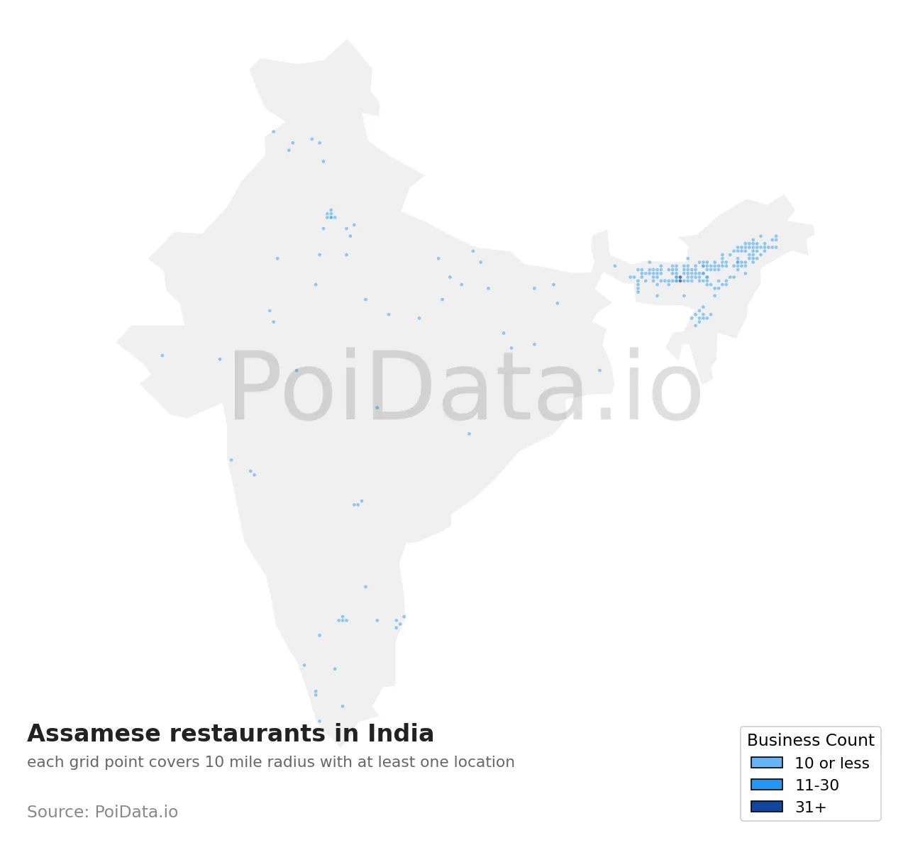 Assamese restaurant density map for India