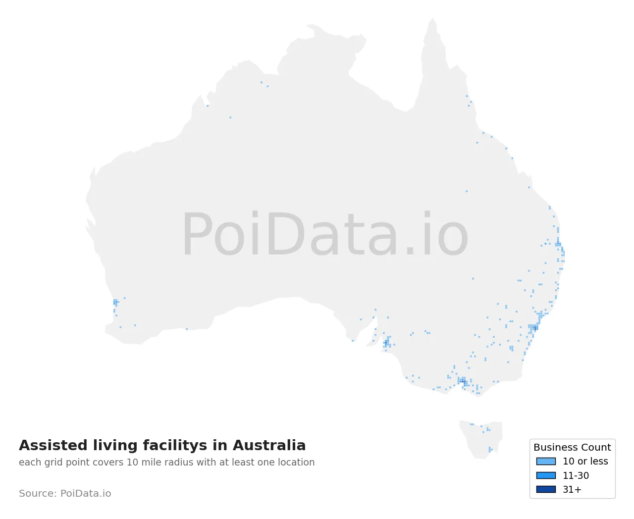 Assisted living facility density map for Australia