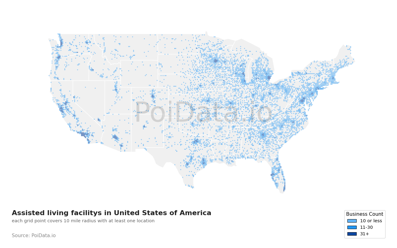 Assisted living facility density map for Tennessee, United States