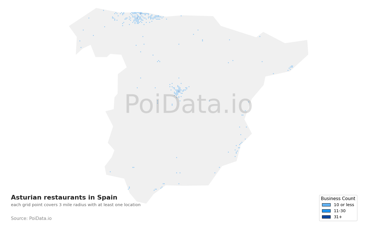Asturian restaurant density map for Spain