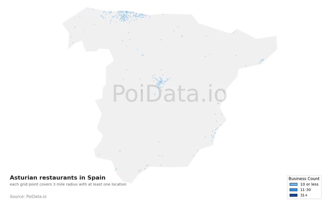Asturian restaurant density map for Spain