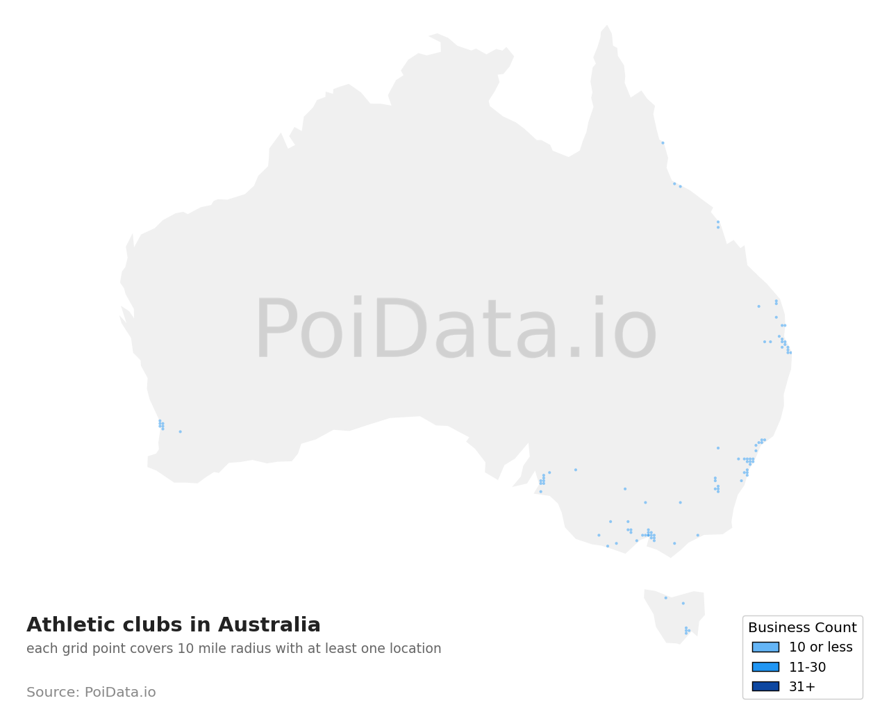 Athletic club density map for Tasmania, Australia