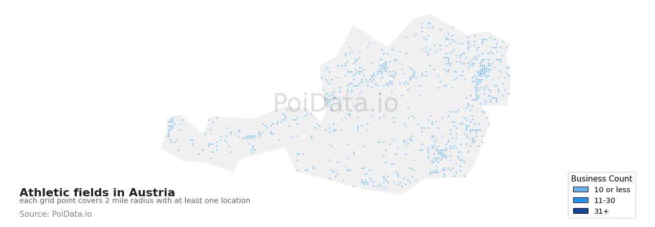 Athletic field density map for Austria