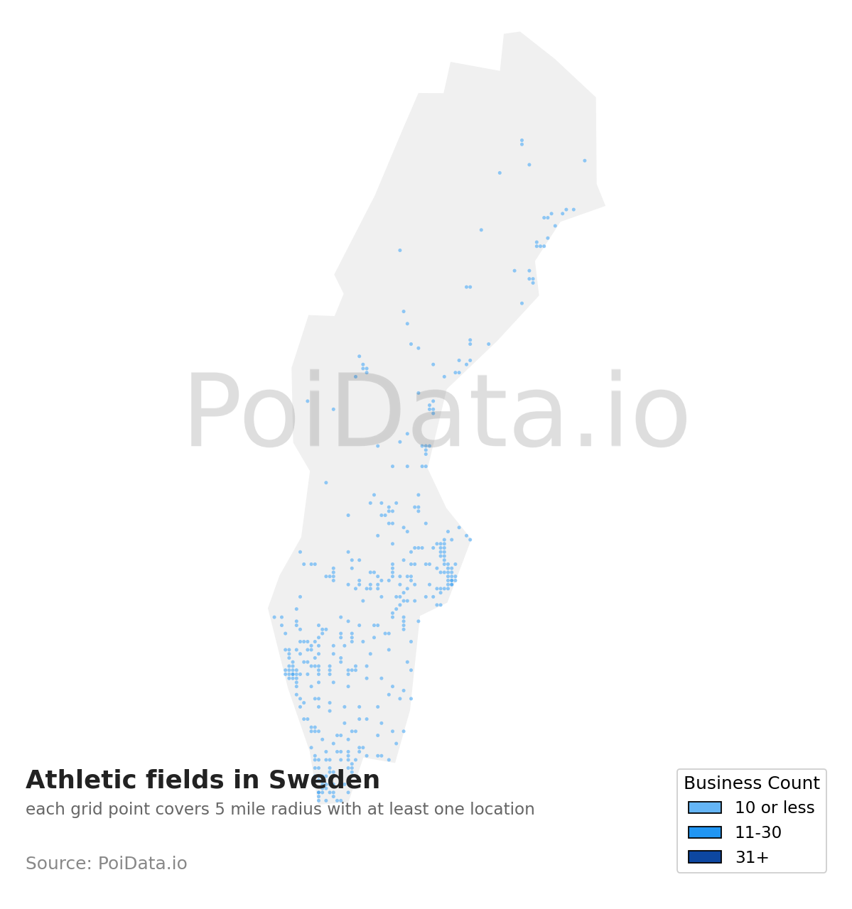 Athletic field density map for Sweden