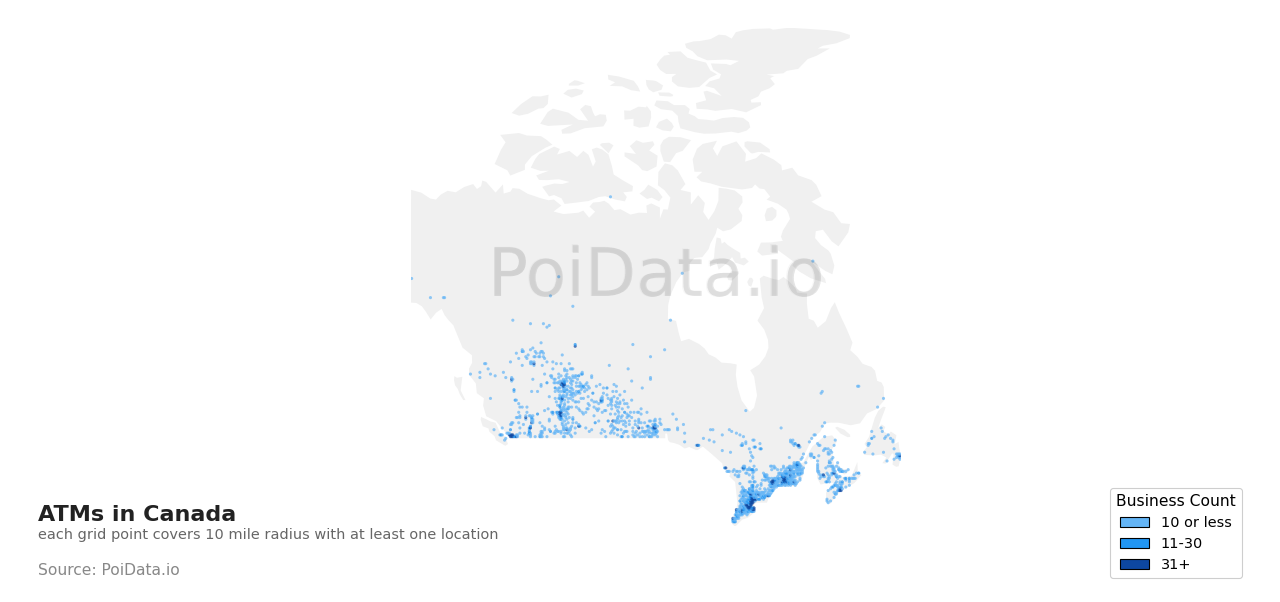 ATM density map for Quebec, Canada